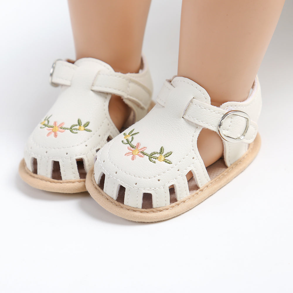 Baby Sandalen met Bloemenborduursel - Little Steps Meisjes, Zwart/Roze/Beige/Groen/Wit, Maat 0-2 Jaar