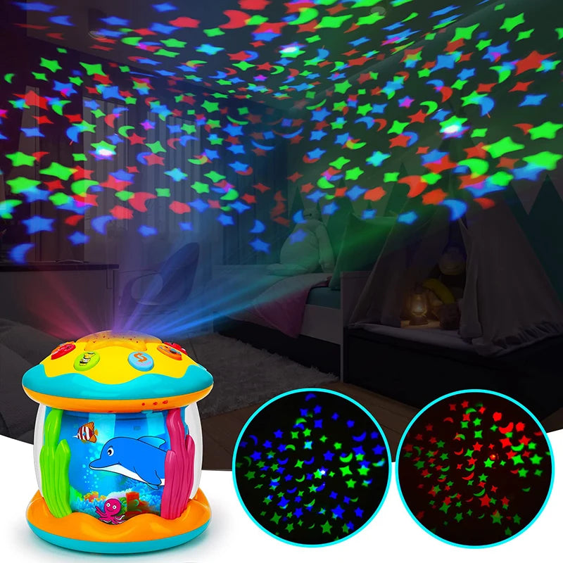Montessori Tummy Tijd Projector – Oceaan Wereld Projectie, Zintuiglijke Stimulatie, BPA-vrij, Draagbaar, Kalmerende Muziek & Natuurgeluiden-More For Mini