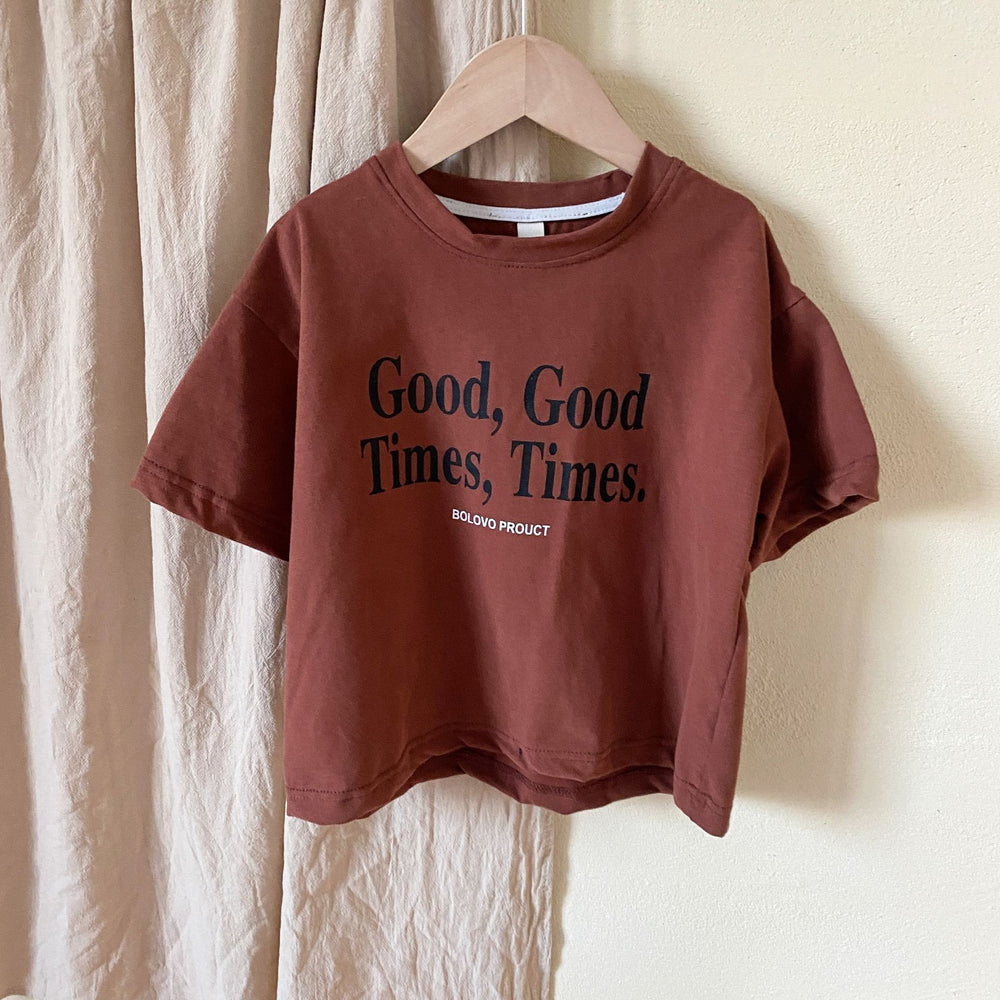 T-shirt met Good Times print – Lumi & Loom Unisex, Bruin/Wit, Katoen, Maat 0-8 Jaar