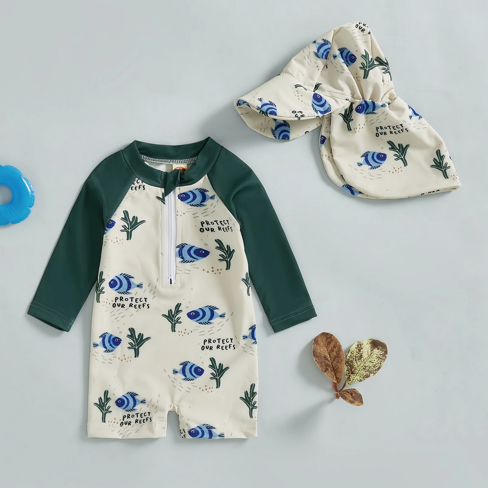 OceanGuard Zwemromper Set Baby & Peuter | Lange Mouwen & Zonnehoed | UV-Bescherming | Vissen & Schildpadden | 0-3 Jaar