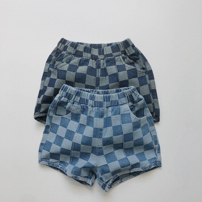 Nolu Checker Shorts – Kinderbroek Geruit Blauw – Unisex Zomershort Katoen – Elastische Taille – Maat 0-6 Jaar