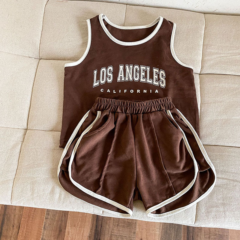 Basketbal LA Kleding Set Korte Broek + Hemd - Baby Peuter Kleuter Kinderen, Bruin/Wit, Katoen, Maat 0-8 Jaar