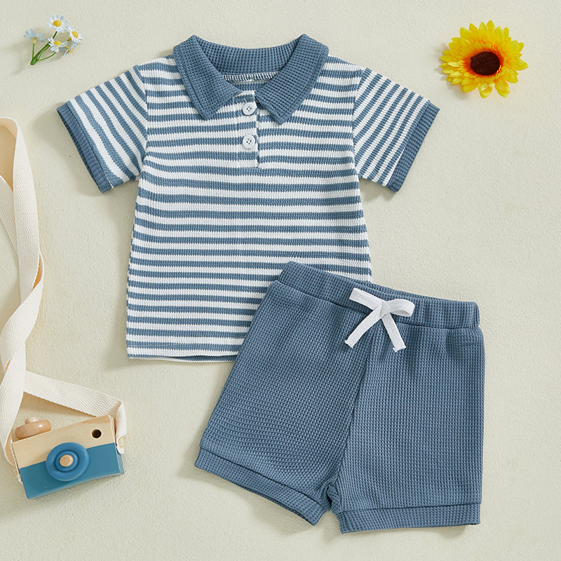 TeddyStripe Zomersetje Baby & Peuter | Polo & Short | Ademend Katoen | 6mnd-4jr | Bruin of Blauw Gestreept
