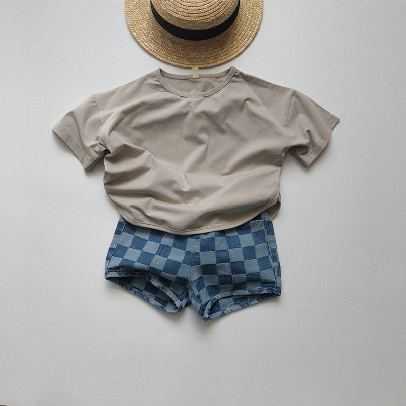 Nolu Checker Shorts – Kinderbroek Geruit Blauw – Unisex Zomershort Katoen – Elastische Taille – Maat 0-6 Jaar