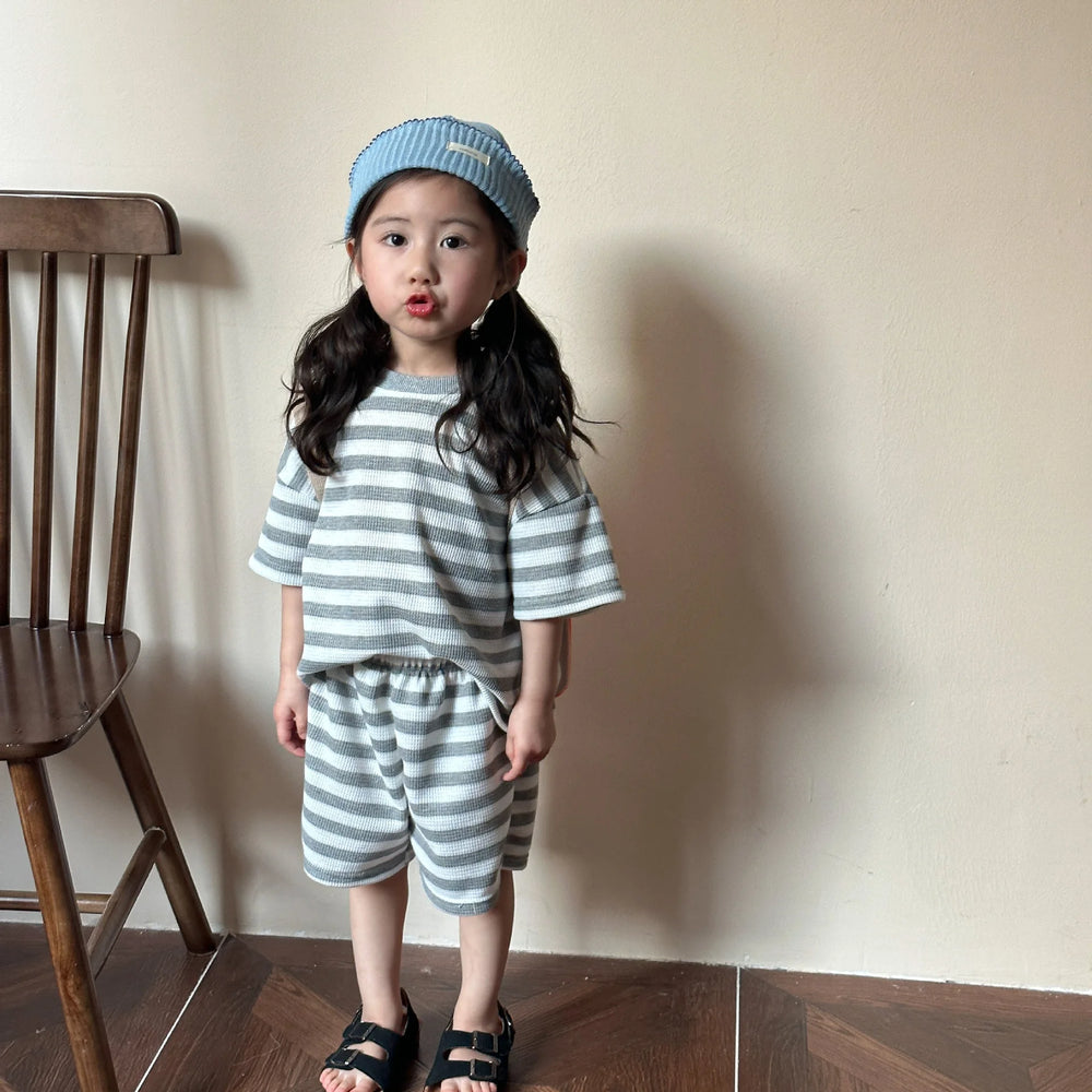 T-shirt en Short Zomerset - StripePlay Unisex, Zwart/Grijs, Katoen, Maat 0-8 Jaar