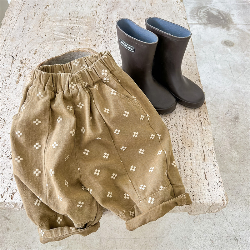 Baggy Broek met Print - Mila Bloomers Unisex, Bruin/Beige, Katoen, Linnen, Maat 0-6 Jaar
