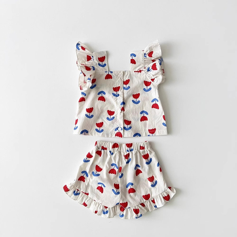 Lulu & Leaf Zomerset Meisje – 2-delige Katoenen Outfit met Ruches & Tulpenprint (0–5 Jaar)