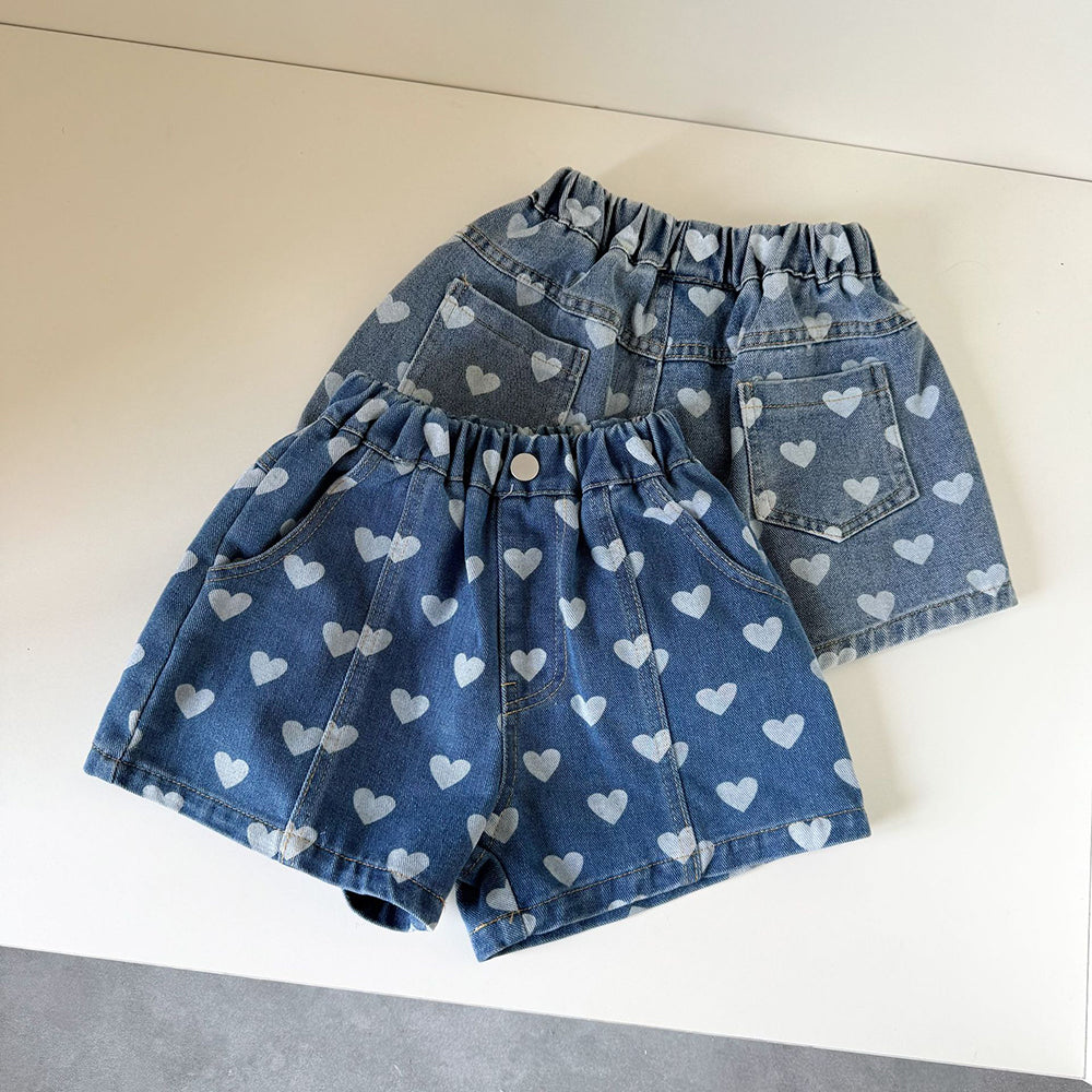 Korte Spijkerbroek met Hartjes - Liva Denim Shorts Baby Peuter Kleuter Kinderen, Lichtblauw/Donkerblauw, Katoen, Maat 0-8 Jaar