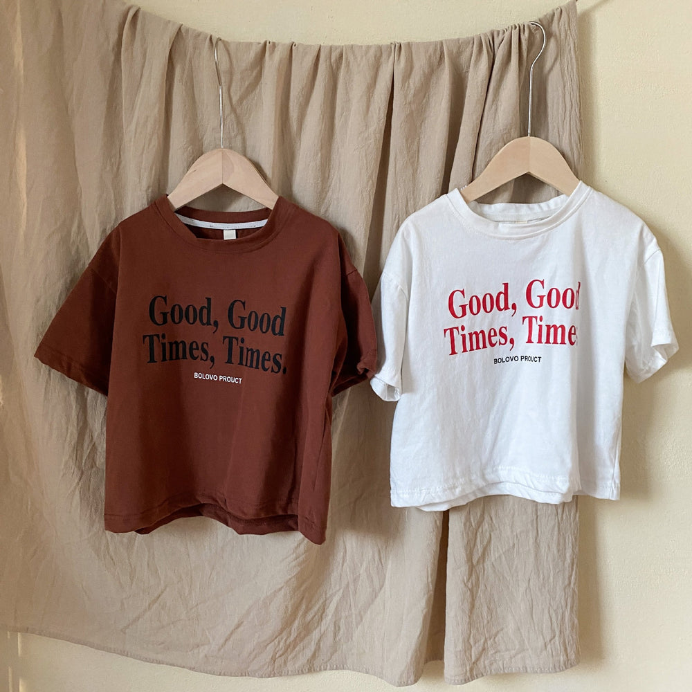 T-shirt met Good Times print – Lumi & Loom Unisex, Bruin/Wit, Katoen, Maat 0-8 Jaar