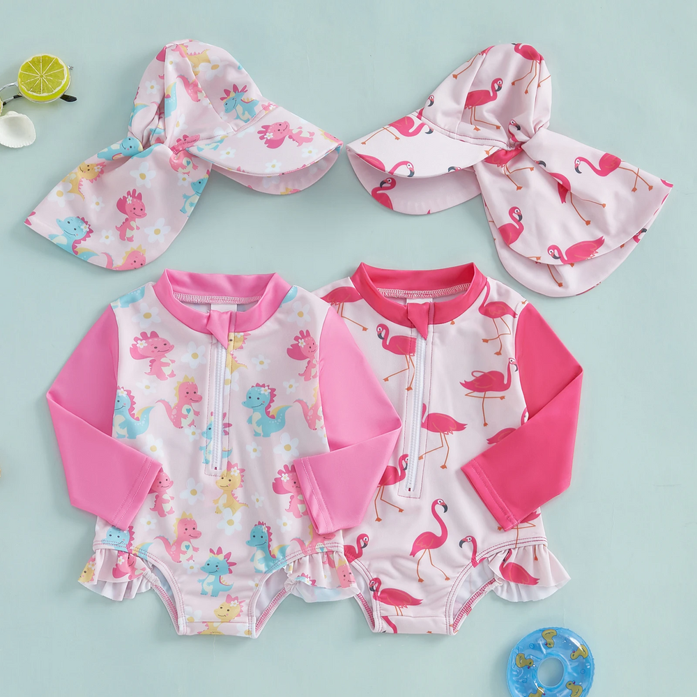 SweetWave Zwemset Meisjes | Lange Mouwen & Zonnehoed | UV-Bescherming | Flamingo & Dino | 0-5 Jaar