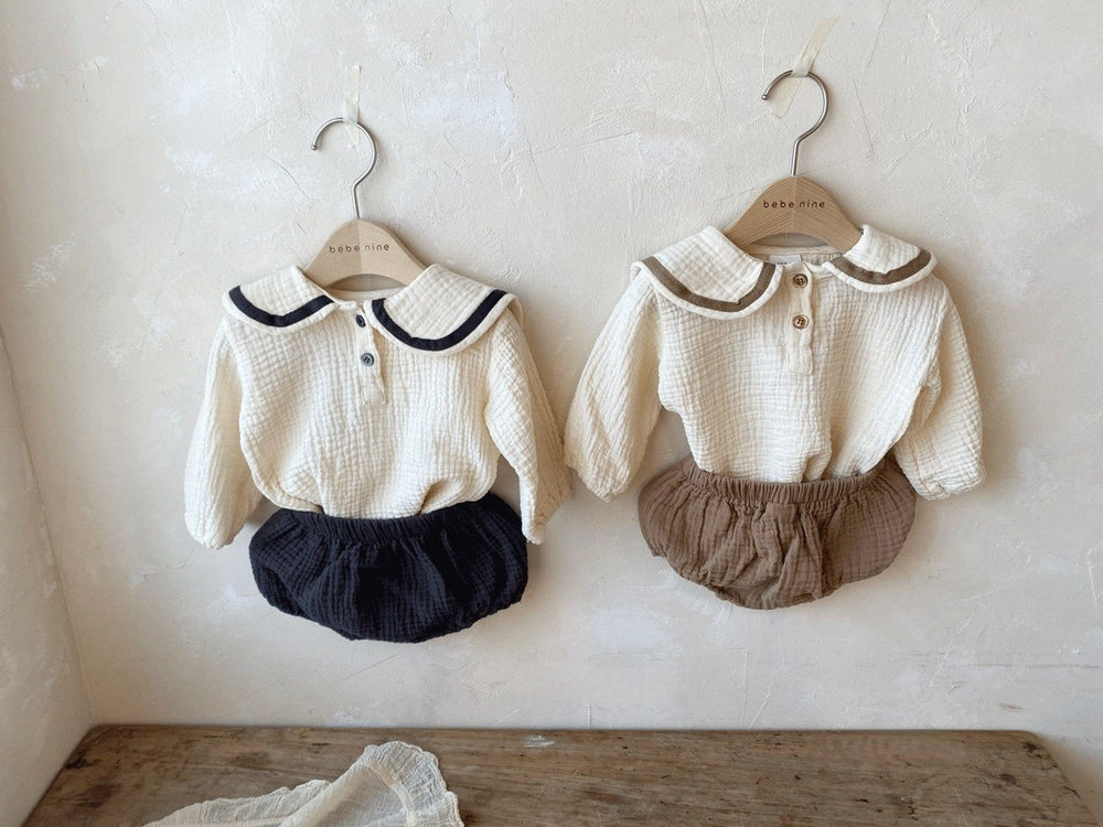 Maison Mini Babyset – 2-delige Outfit van Mousseline Katoen met Pofbroek & Kraag (0–3 Jaar)