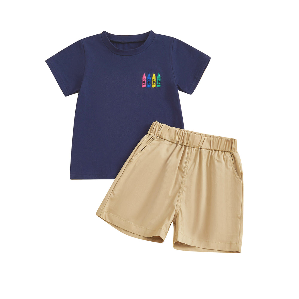 CrayonCool Zomerset Jongens | T-shirt met Krijtjesprint & Korte Broek | Katoen & Polyester | 18mnd–6jr | Donkerblauw of Lichtblauw