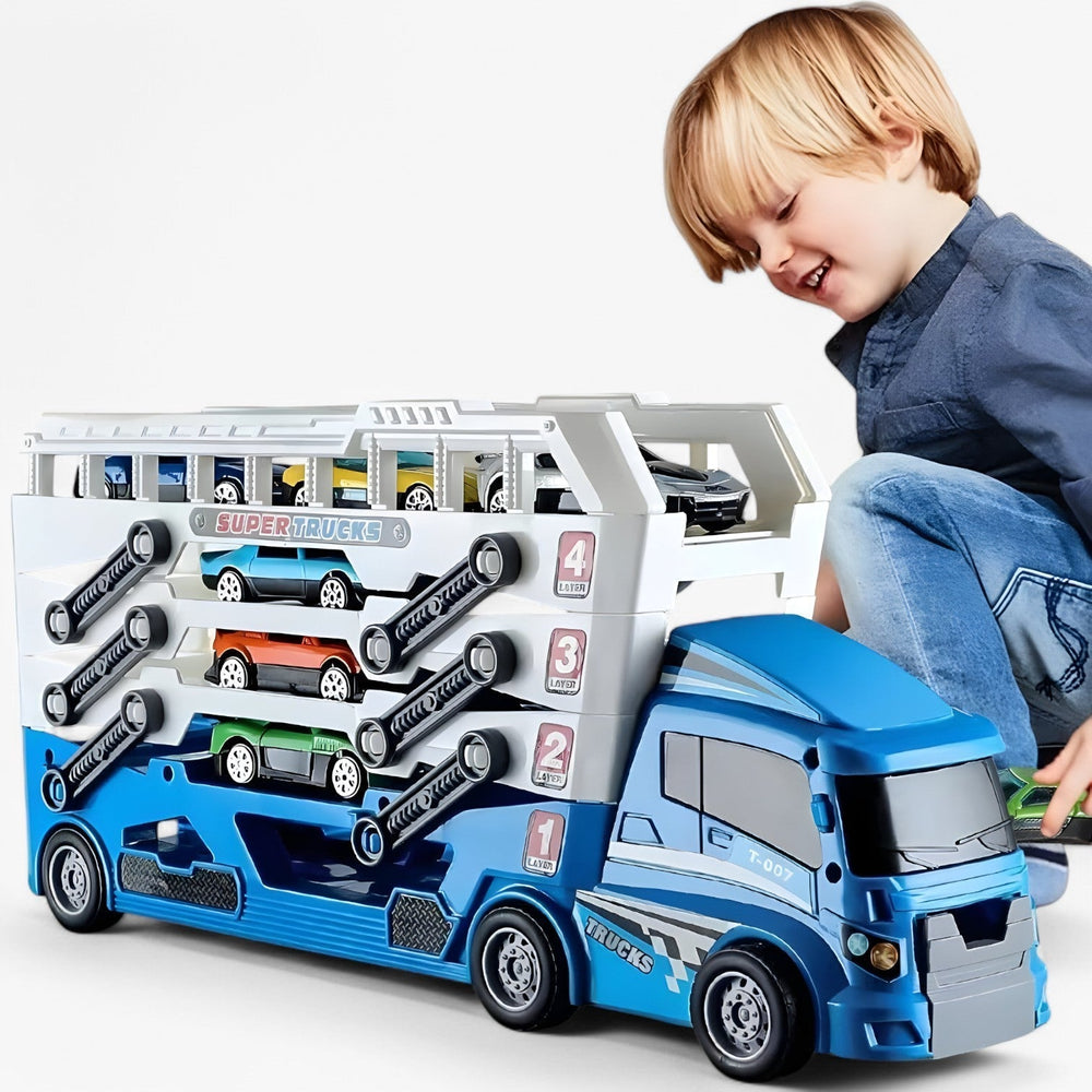 Speelgoed autotransporter met 6 raceauto's – laadfunctie, zonder batterijen | vrachtwagen
