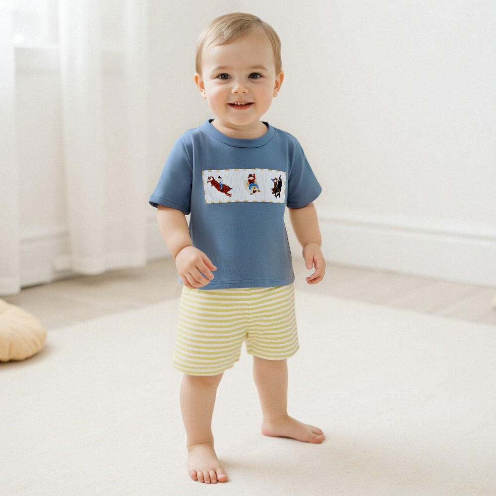 JungleJump Zomerset Jongens | T-shirt met Aapjes & Gestreepte Short | Katoen & Polyester | 6mnd–4jr | Blauw & Geel