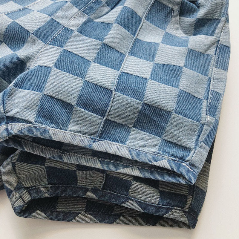 Nolu Checker Shorts – Kinderbroek Geruit Blauw – Unisex Zomershort Katoen – Elastische Taille – Maat 0-6 Jaar