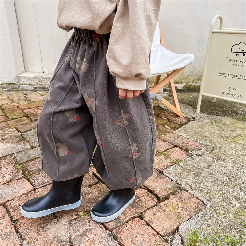Baggy Broek met Berenprint - Bamboo Bear Unisex, Beige/Grijs, Katoen, Maat 0-6 Jaar