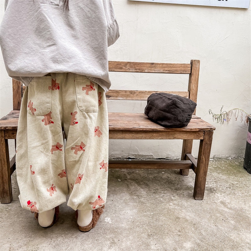 Baggy Broek met Berenprint - Bamboo Bear Unisex, Beige/Grijs, Katoen, Maat 0-6 Jaar