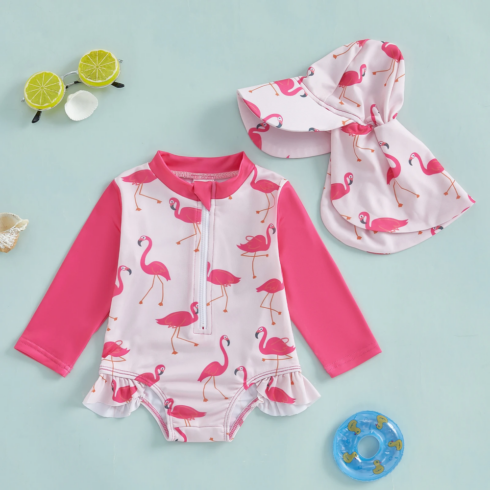 SweetWave Zwemset Meisjes | Lange Mouwen & Zonnehoed | UV-Bescherming | Flamingo & Dino | 0-5 Jaar