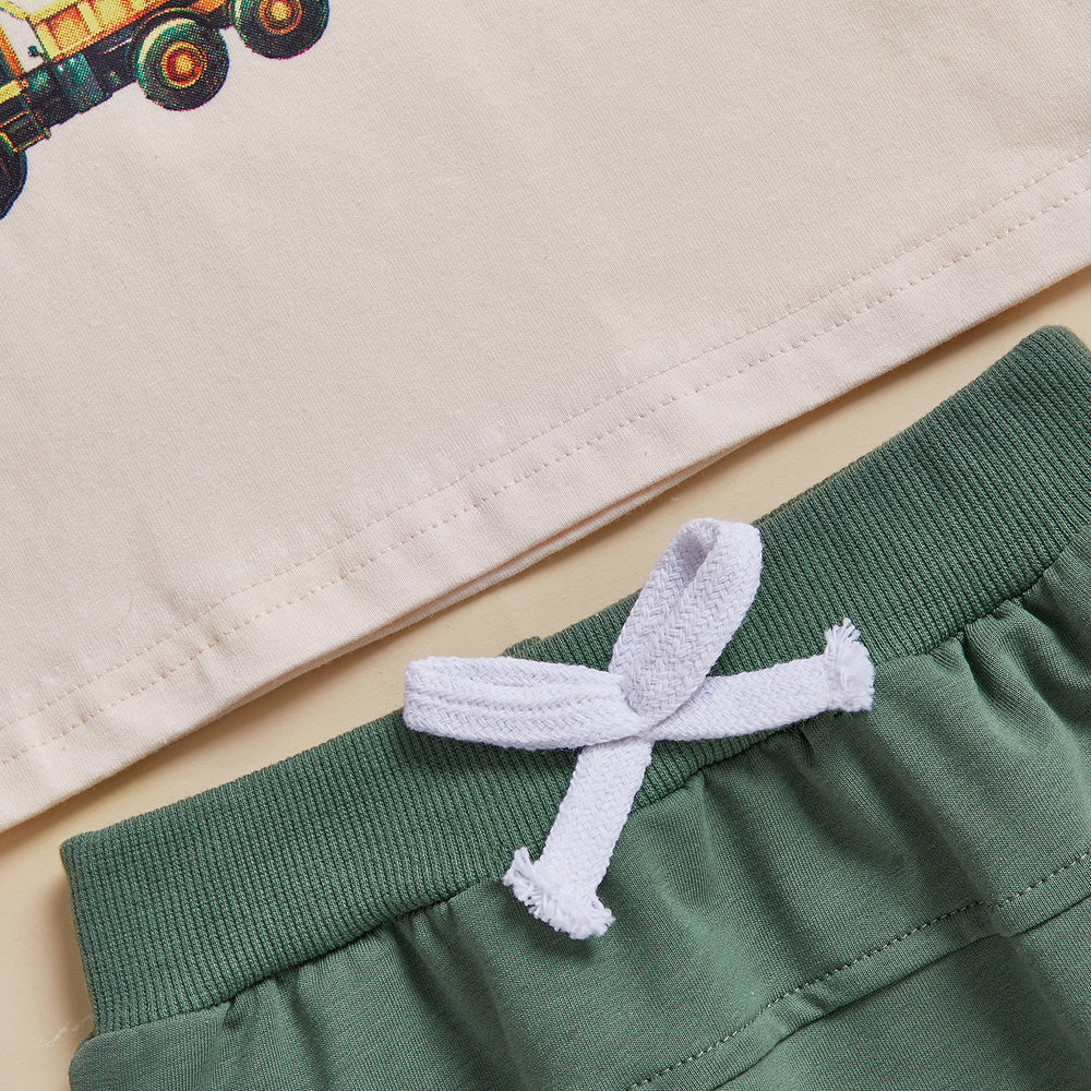 TruckPower Zomerset Jongens | T-shirt met Graafmachines & Short | Katoen & Spandex | 12mnd–5jr | Stoere Bouwvoertuig Outfit