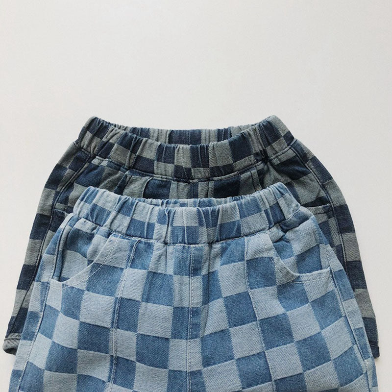 Nolu Checker Shorts – Kinderbroek Geruit Blauw – Unisex Zomershort Katoen – Elastische Taille – Maat 0-6 Jaar