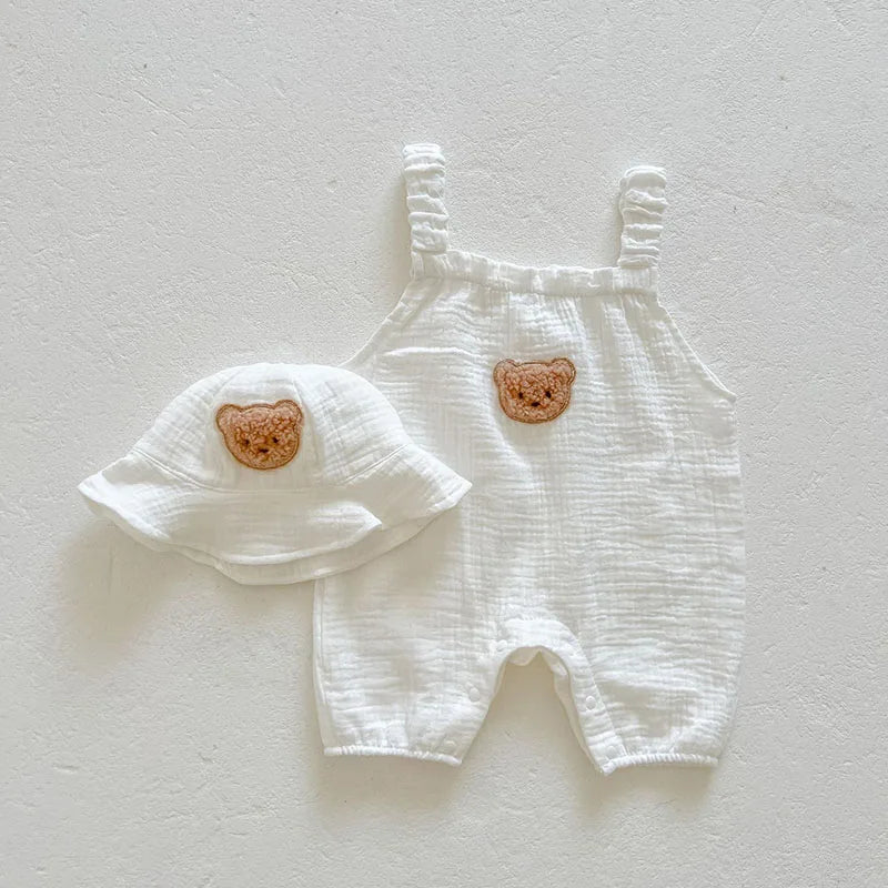 Baby Bear Setje – Ademend Zomer Rompertje met Zonnehoedje voor Baby’s 3-24 maanden