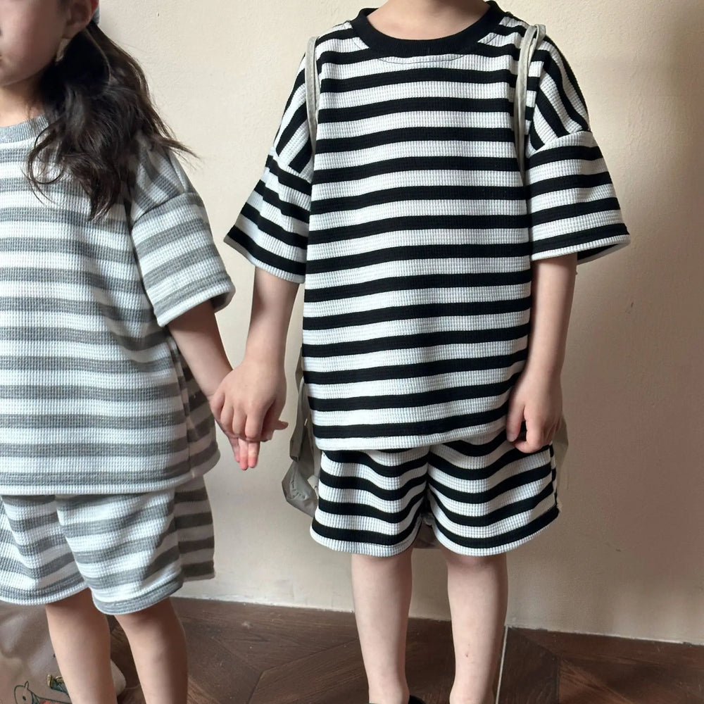 T-shirt en Short Zomerset - StripePlay Unisex, Zwart/Grijs, Katoen, Maat 0-8 Jaar