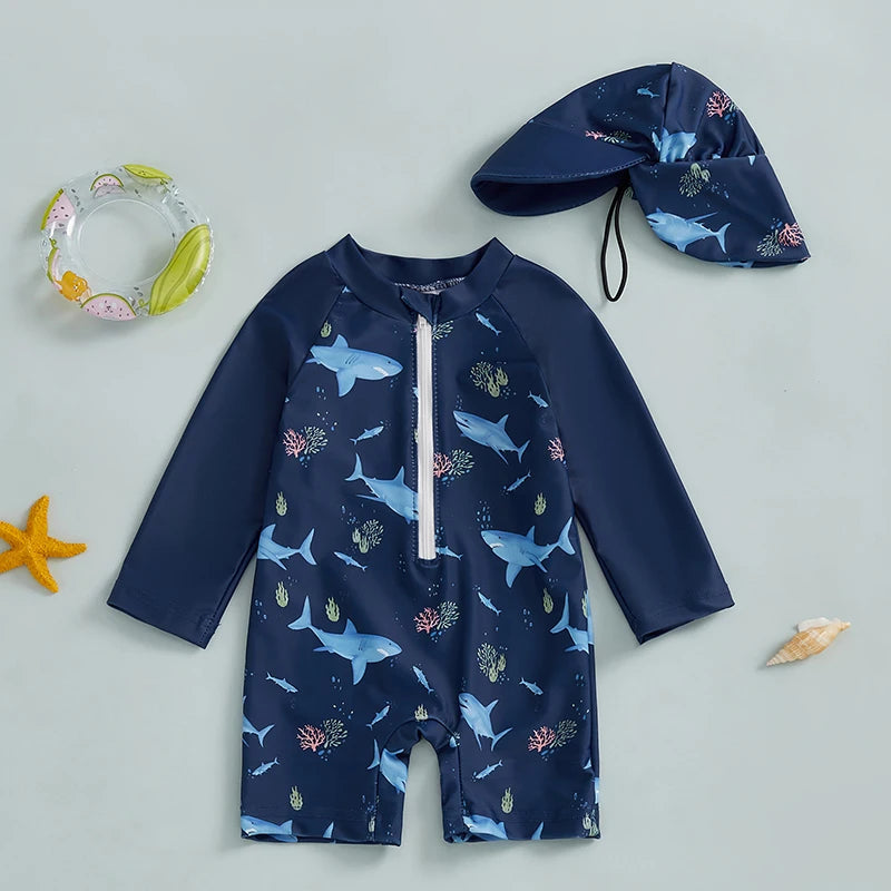 Jongens UV Zwempak Haai Print met Zonnehoed – Lange Mouwen | 0-5jr