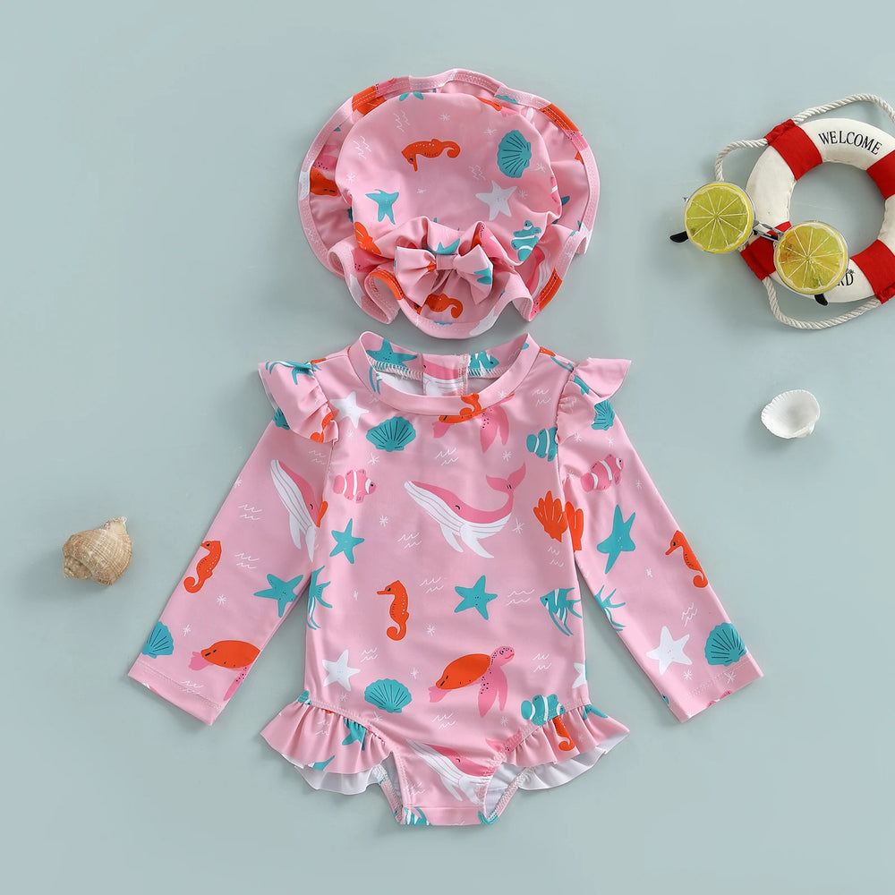 Baby Meisjes UV Zwempak met Zonnehoed – Lange Mouwen | 6M-3 jr