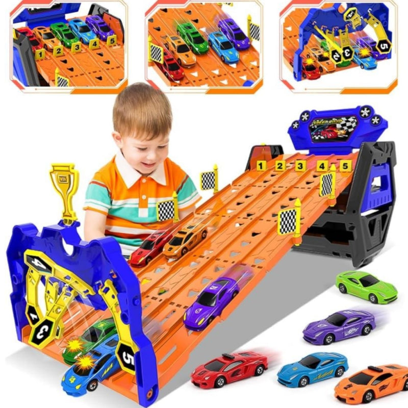 SpeedRacer 5-Banen Racebaan met Auto's – Transformeerbare Opbergset | Inclusief 5 Racewagens | Speelgoed Racebaan voor Jongeren 14+ | Racing Track Game