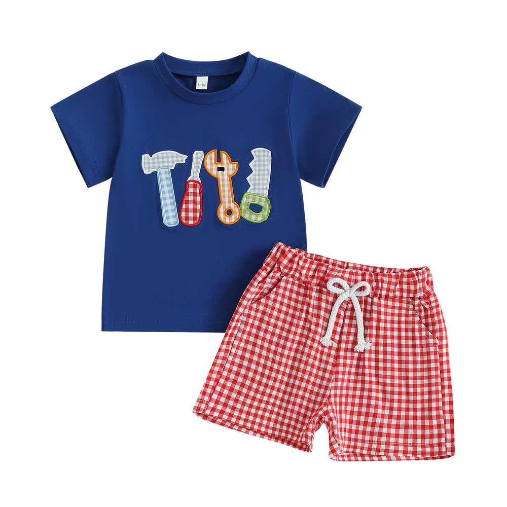 ToolTime Zomerset Jongens | T-shirt met Gereedschap & Ruitjes Short | 6mnd–4jr | Katoen & Polyester | Blauw & Rood
