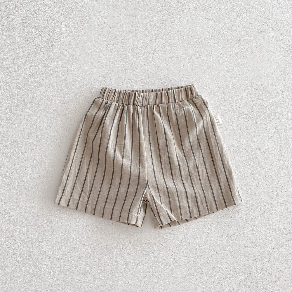 Zomerset Korte Broek met Shirt - Gestreepte Linnen Set Jongens, Beige, Katoen, Maat 0-5 Jaar