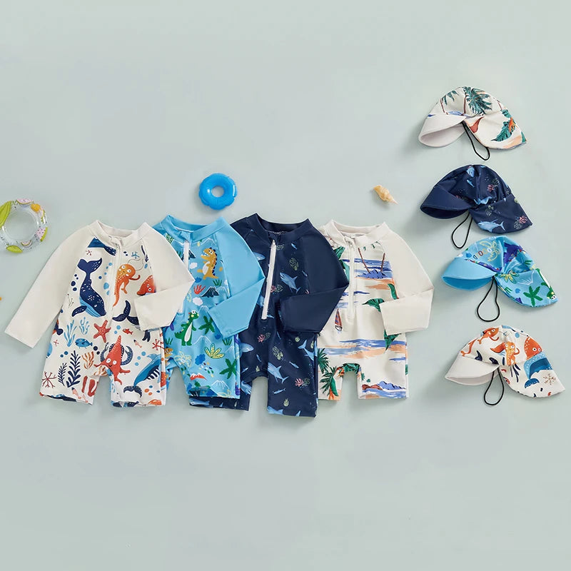 Jongens UV Zwempak Haai Print met Zonnehoed – Lange Mouwen | 0-5jr