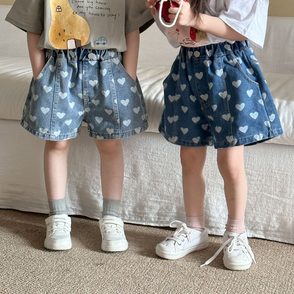 Korte Spijkerbroek met Hartjes - Liva Denim Shorts Baby Peuter Kleuter Kinderen, Lichtblauw/Donkerblauw, Katoen, Maat 0-8 Jaar