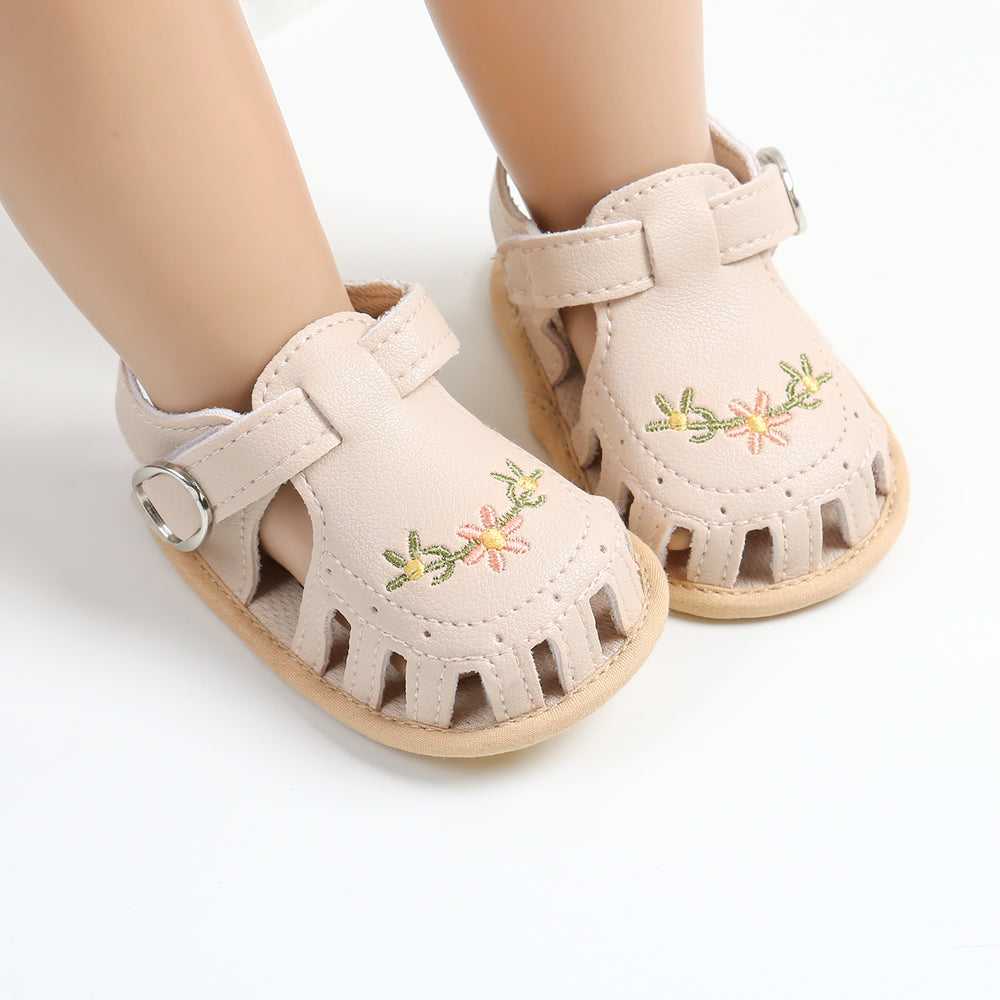 Baby Sandalen met Bloemenborduursel - Little Steps Meisjes, Zwart/Roze/Beige/Groen/Wit, Maat 0-2 Jaar