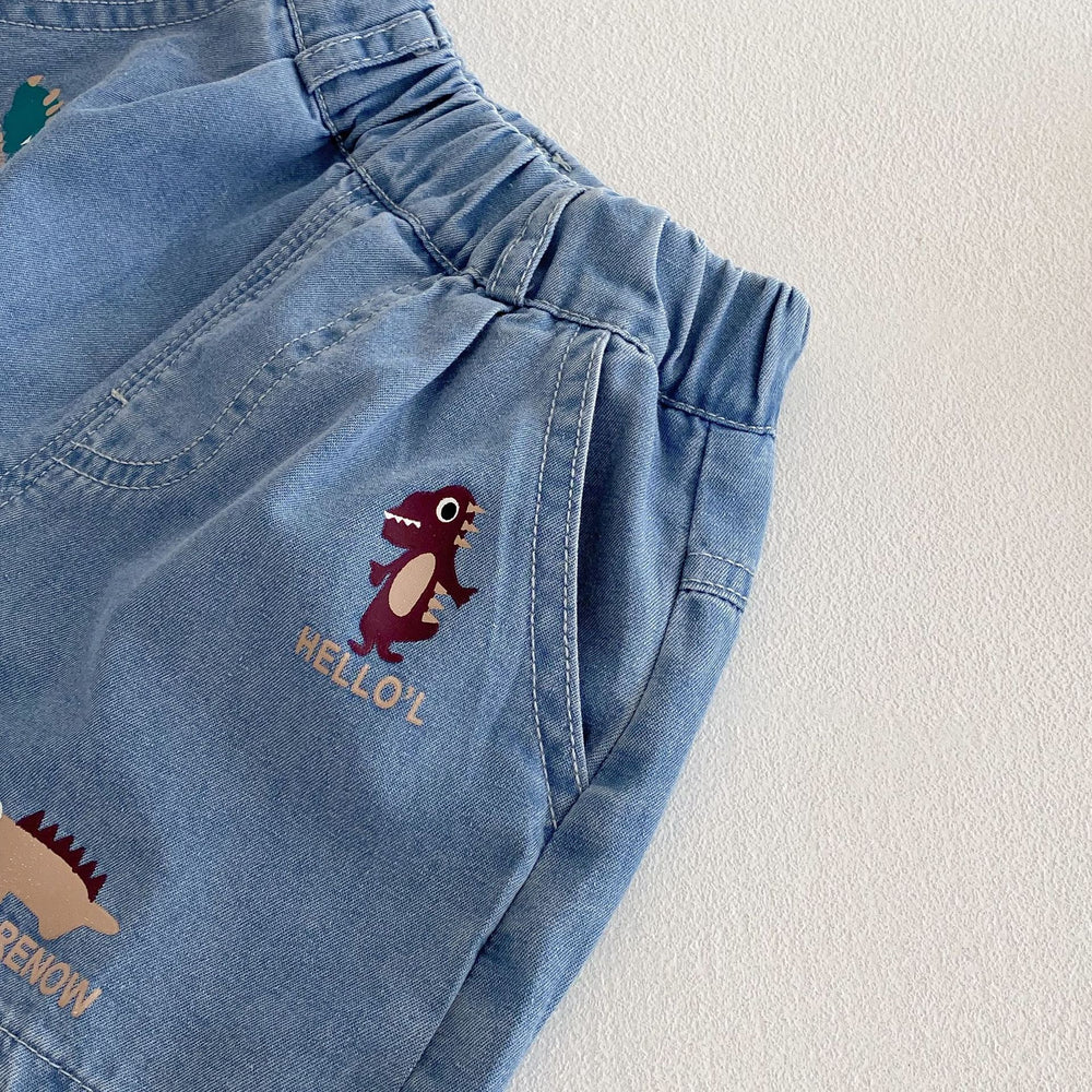 Korte Spijkerbroek Elastiek met Dinoprint - Baby Peuter Kleuter Kinderen, Lichtblauw, Katoen/Denim, Maat 0-5 Jaar