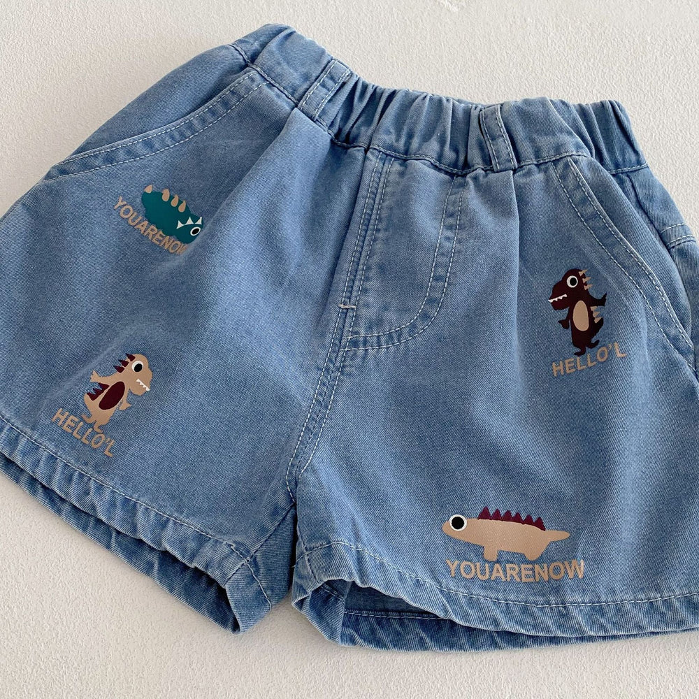 Korte Spijkerbroek Elastiek met Dinoprint - Baby Peuter Kleuter Kinderen, Lichtblauw, Katoen/Denim, Maat 0-5 Jaar