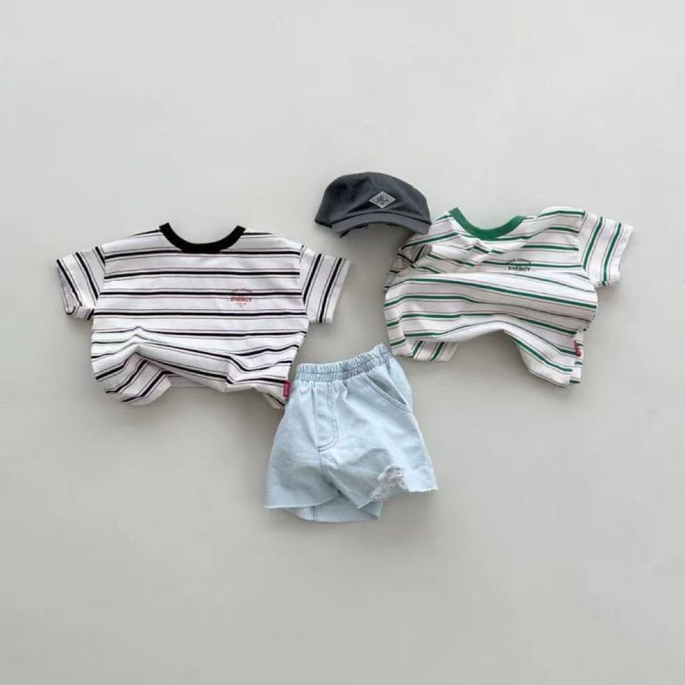 Mini Energy Baby T-shirt – Gestreept Katoen Shirt met Tekstprint | Uniseks | Maat 0–3 Jaar