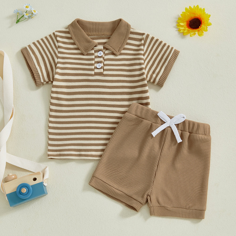 TeddyStripe Zomersetje Baby & Peuter | Polo & Short | Ademend Katoen | 6mnd-4jr | Bruin of Blauw Gestreept