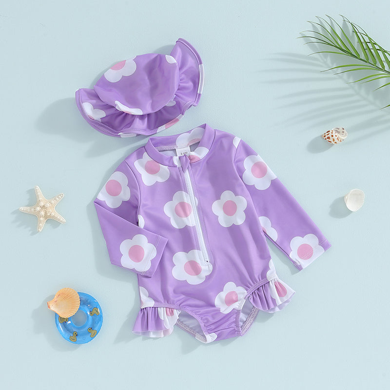 LilaBloom Zwemset Baby Meisje | UV-Bescherming | Zwemromper & Hoed | Bloemenprint | 6-24 Maanden