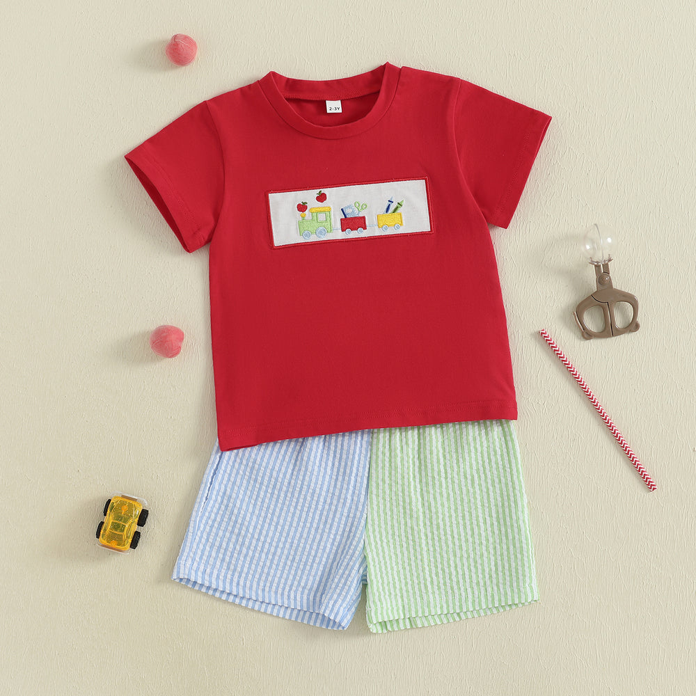 Schooltrain Zomerset Jongens | Rood T-shirt met Treinprint & Gestreepte Short | Katoen & Polyester | 2–6 Jaar | Zomerspeelkleding