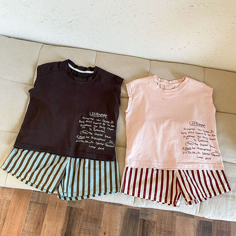 Zomer Kleding Set Gestreepte Korte Broek + T-shirt - Tula Unisex, Roze/Bruin, Katoen, Maat 0-8 Jaar