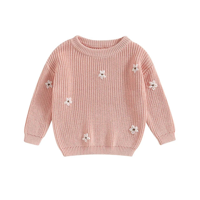 Gebreide Trui met Bloemen – Meisjes, Beige/Groen/Grijs/Paars/Roze, Katoen, Maat 0-6 Jaar-More For Mini