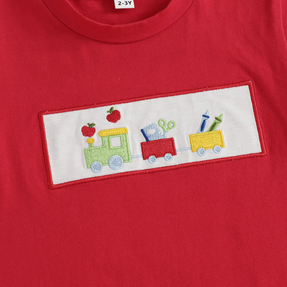 Schooltrain Zomerset Jongens | Rood T-shirt met Treinprint & Gestreepte Short | Katoen & Polyester | 2–6 Jaar | Zomerspeelkleding