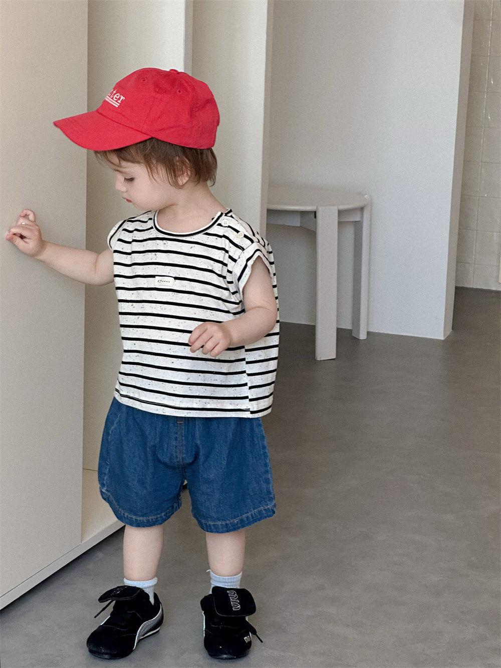 Lunari Breton Shirt & Denim Shorts Set – Zomer Kledingset Kind 0-3 Jaar – Ecru/Zwart + Blauwe Short – Unisex & Comfortabel