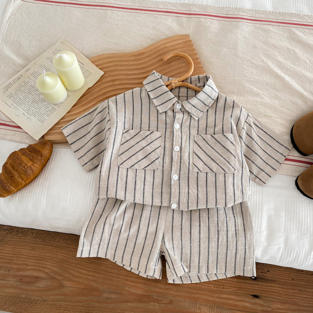 Zomerset Korte Broek met Shirt - Gestreepte Linnen Set Jongens, Beige, Katoen, Maat 0-5 Jaar