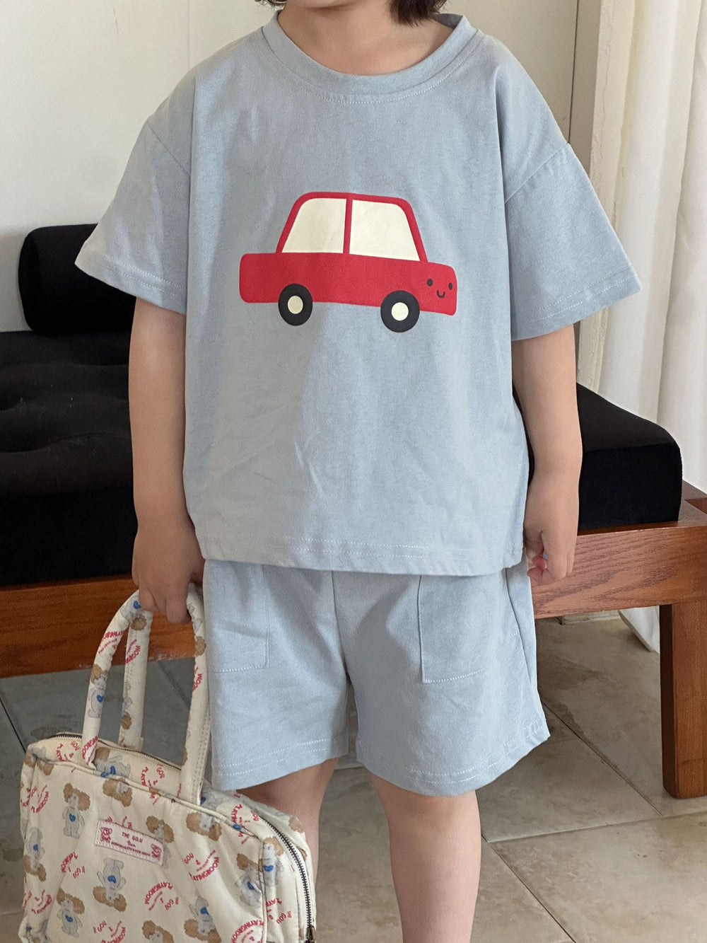 T-shirt en Short Zomerset - VroomVibes Unisex, Blauw/Beige, Katoen, Maat 0-8 Jaar
