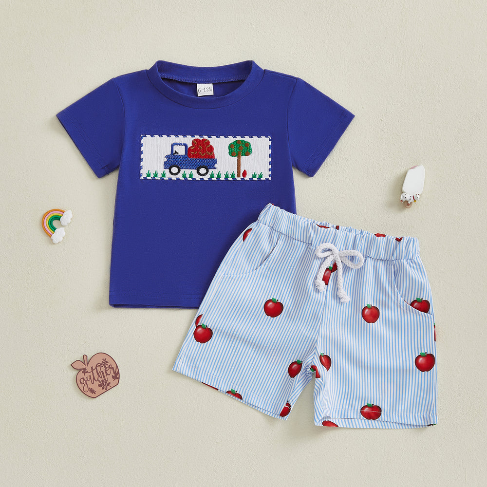AppleTruck Zomerset Jongens | T-shirt met Appeltruck & Gestreepte Short | Katoen & Polyester | 6mnd–4jr | Blauw & Rood