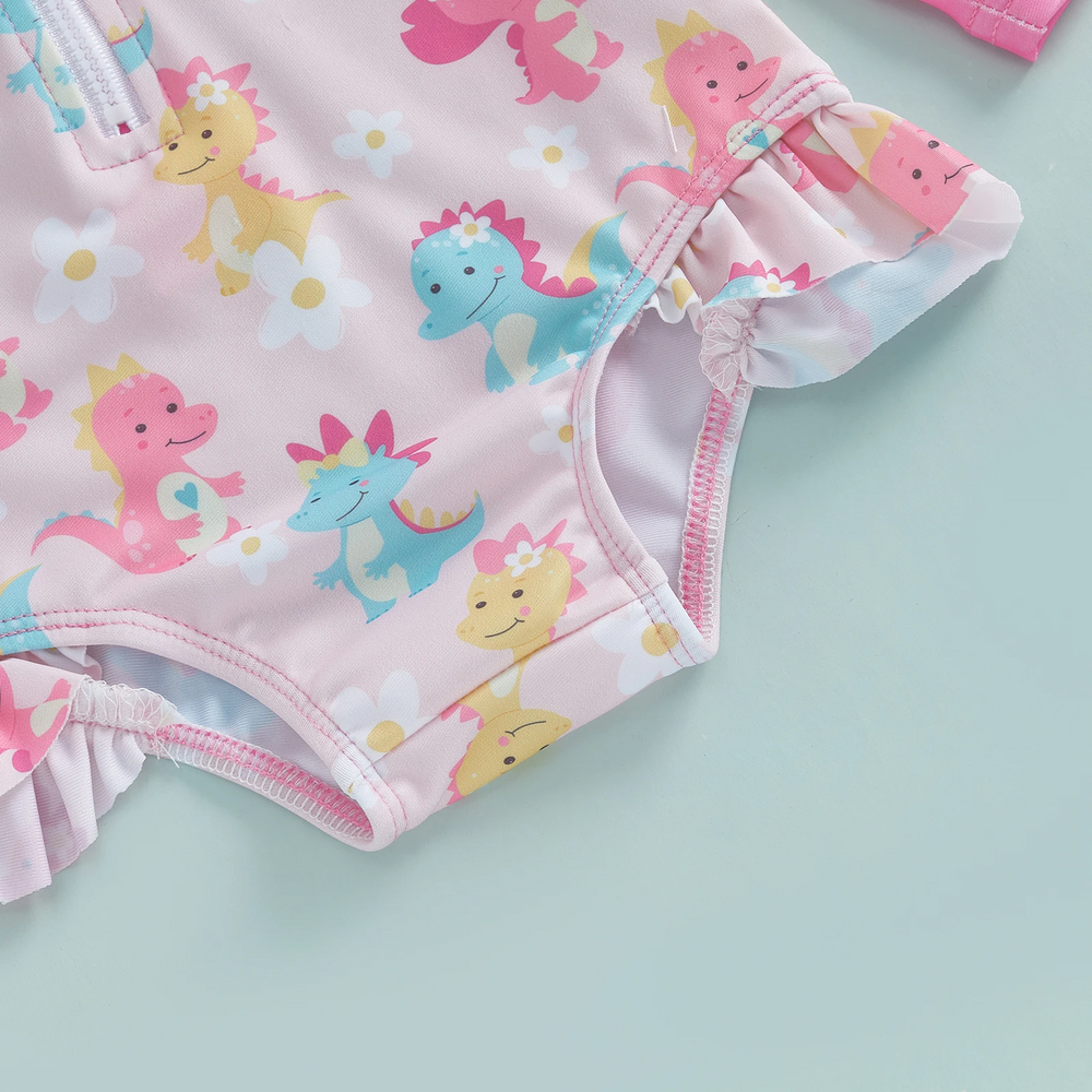 SweetWave Zwemset Meisjes | Lange Mouwen & Zonnehoed | UV-Bescherming | Flamingo & Dino | 0-5 Jaar