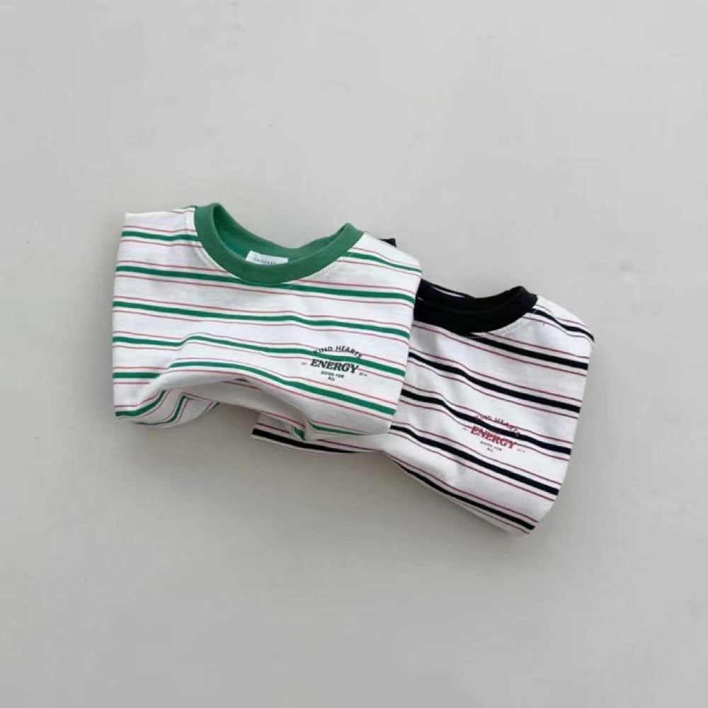 Mini Energy Baby T-shirt – Gestreept Katoen Shirt met Tekstprint | Uniseks | Maat 0–3 Jaar