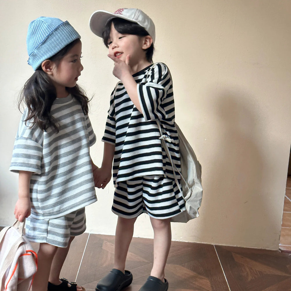 T-shirt en Short Zomerset - StripePlay Unisex, Zwart/Grijs, Katoen, Maat 0-8 Jaar